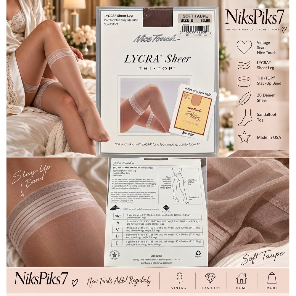 Vintage Sears Nice Touch LYCRA Sheer THI-TOP Stockings Size B Soft Taupe NOS